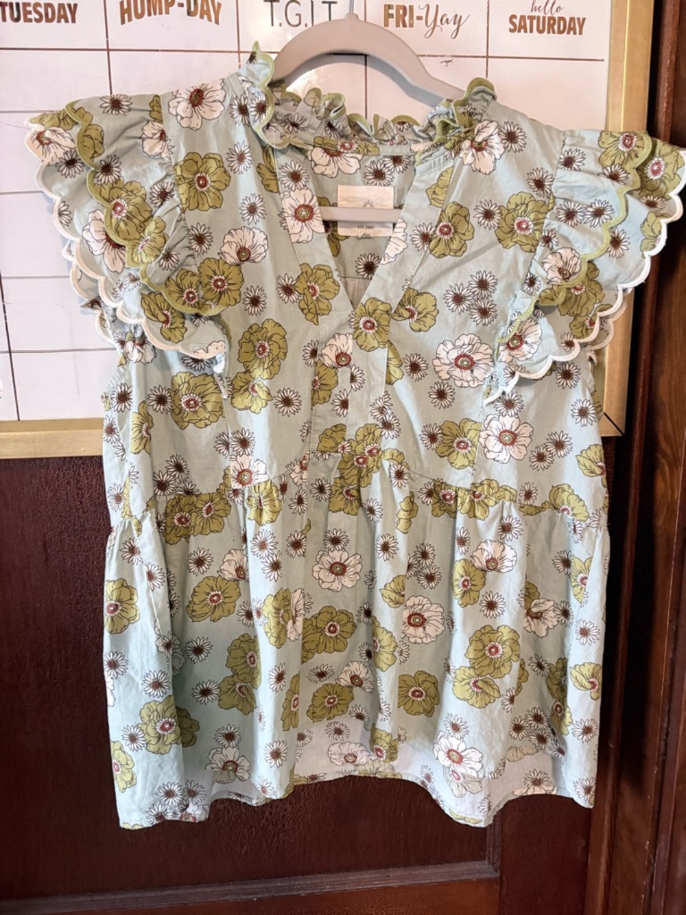 Umgee Light Blue Floral V-Neck Top with Olive Accents